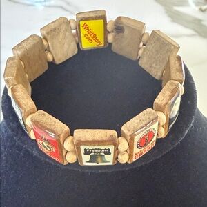 Vintage Wooden Beaded Bracelet with Military Logos